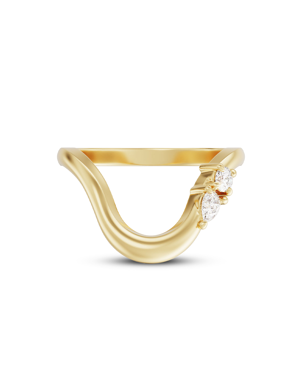 Gold ring with two diamonds on a white background