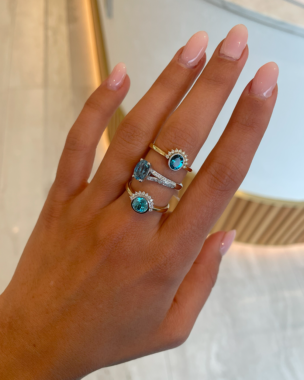 Blue Zircon & Diamond Sunburst Ring