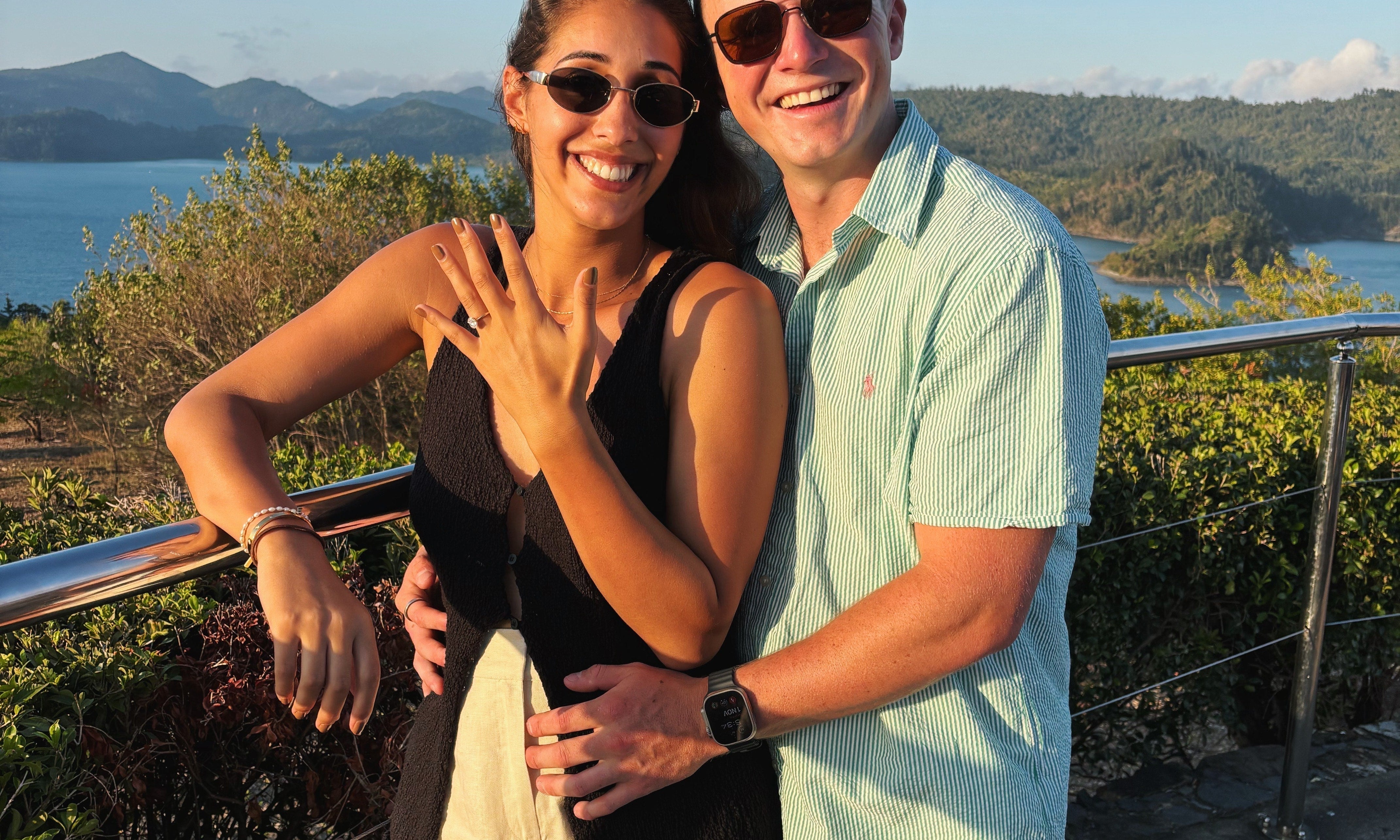 Emily and Zane engagement photo at Hamilton Island One Tree Hill with 2ct Grace Oval engagement ring