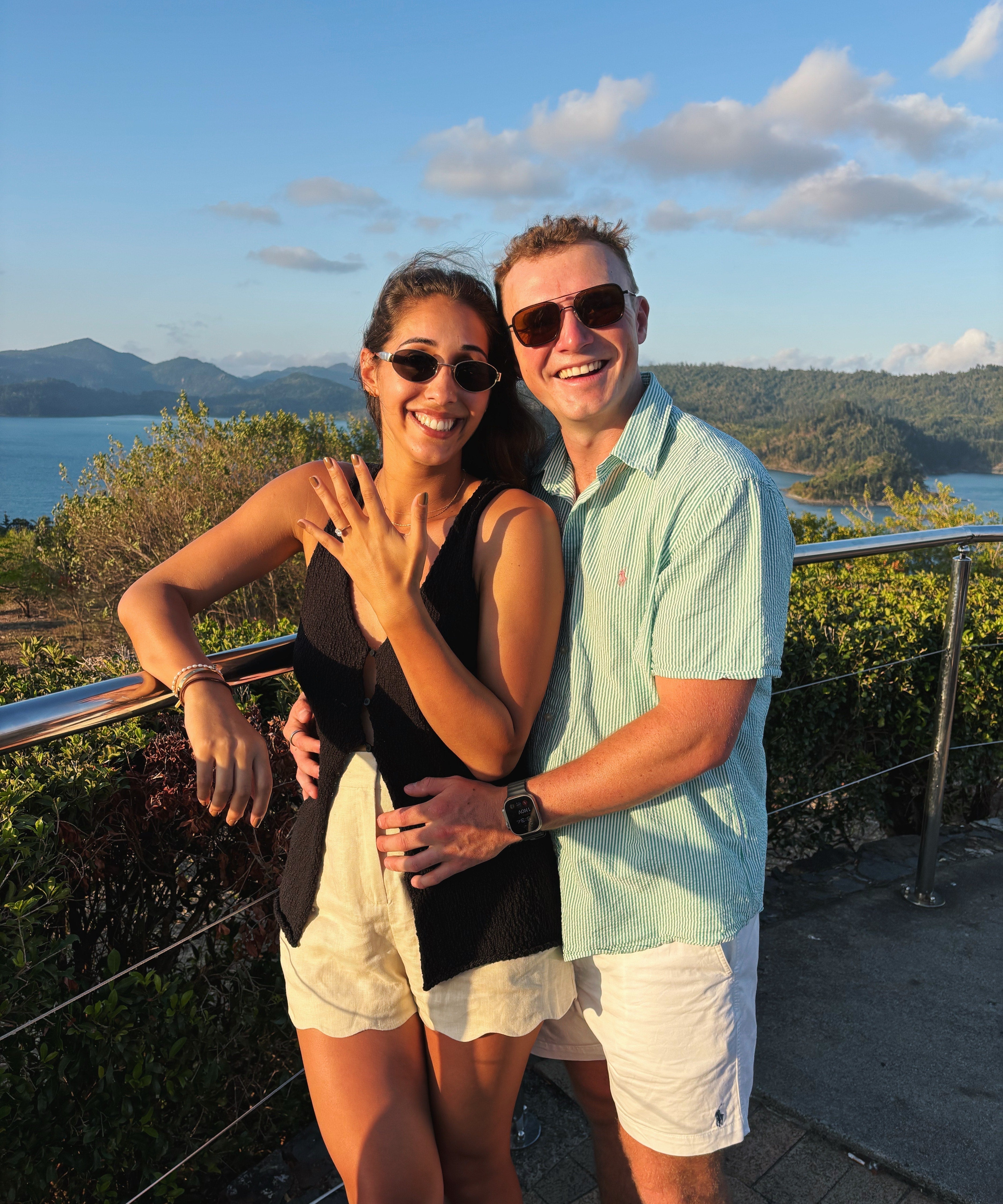 Emily and Zane engagement photo at Hamilton Island One Tree Hill with 2ct Grace Oval engagement ring
