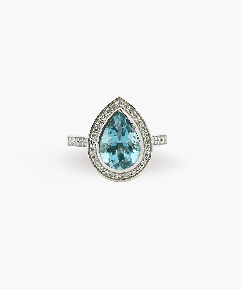 Aquamarine Pear & Diamond Halo Ring