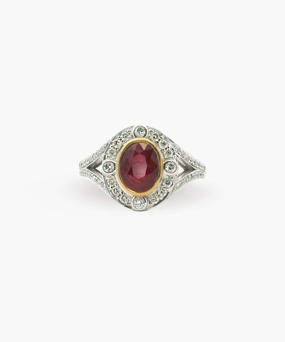 Two Tone Oval Ruby & Diamond Ring