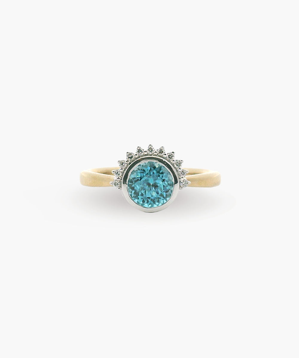Blue Zircon & Diamond Sunburst Ring