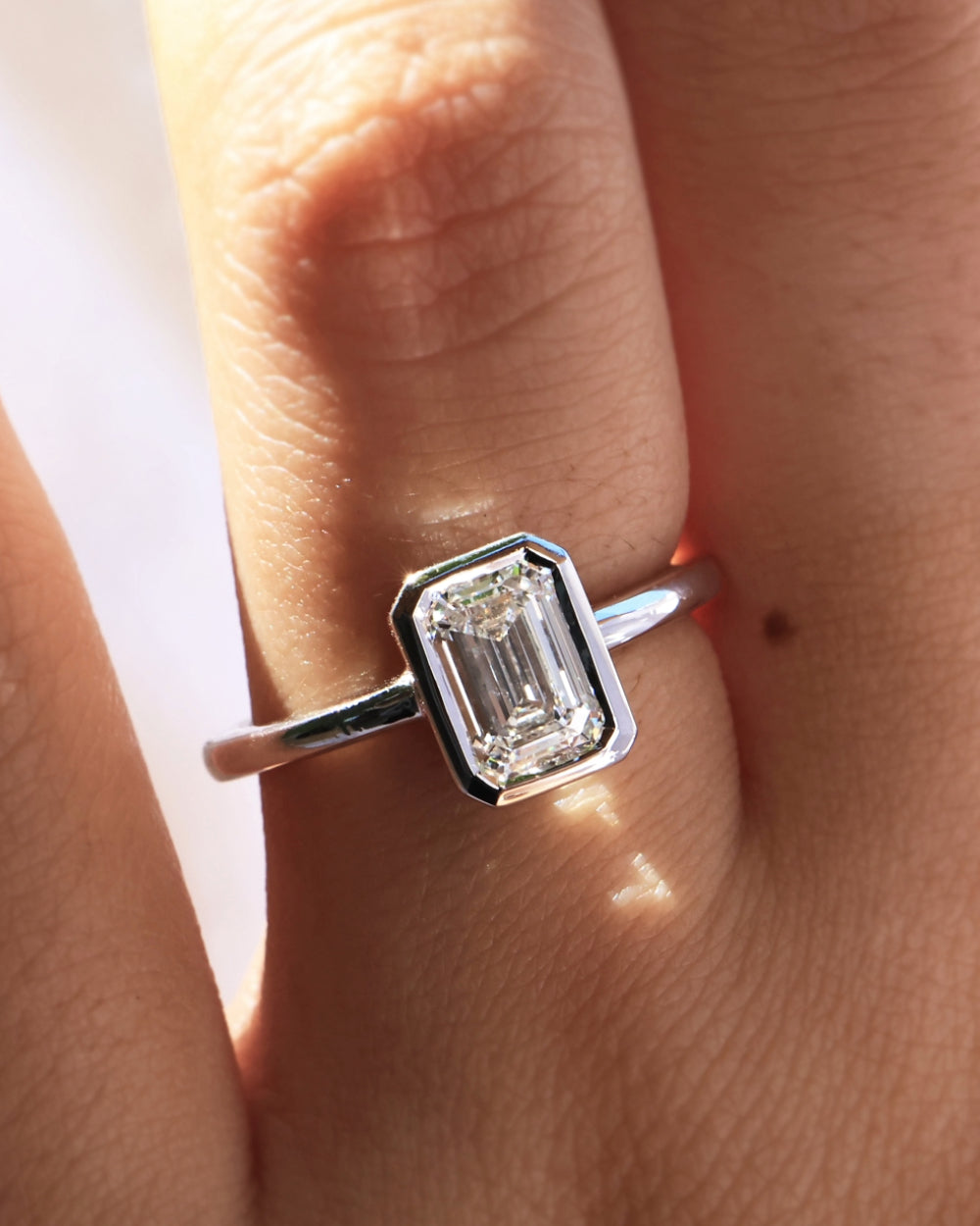 Emerald Cut Diamond Bezel Set Platinum Diamond Ring Diamond