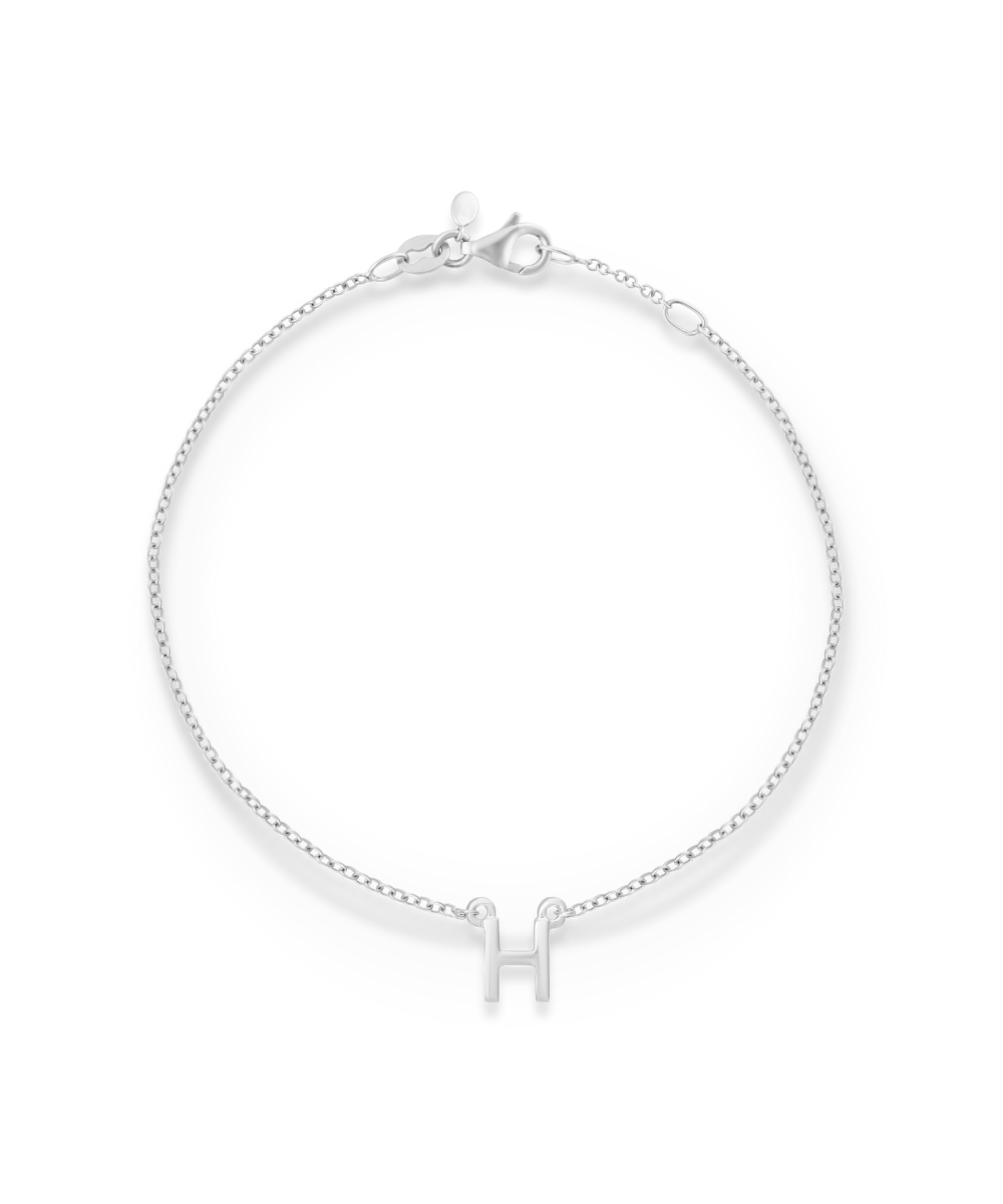 9ct white gold initial H bracelet showing lobster clasp and extension chain