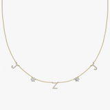 Solid gold personalised charm necklace with diamond letter J Z and birthstone pendant