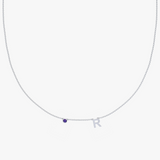 Silver personalized charm necklace with purple gemstone and letter R pendant