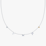 Personalised Charm Necklace with silver ball chain, letter F and P charms, blue gemstone, and yellow gold stone