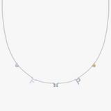 Personalised Charm Necklace with silver ball chain, letter F and P charms, blue gemstone, and yellow gold stone