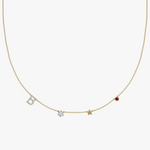 Solid gold personalised charm necklace with diamond letter B, birthstone and star pendant
