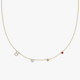 Solid gold personalised charm necklace with diamond letter B, birthstone and star pendant
