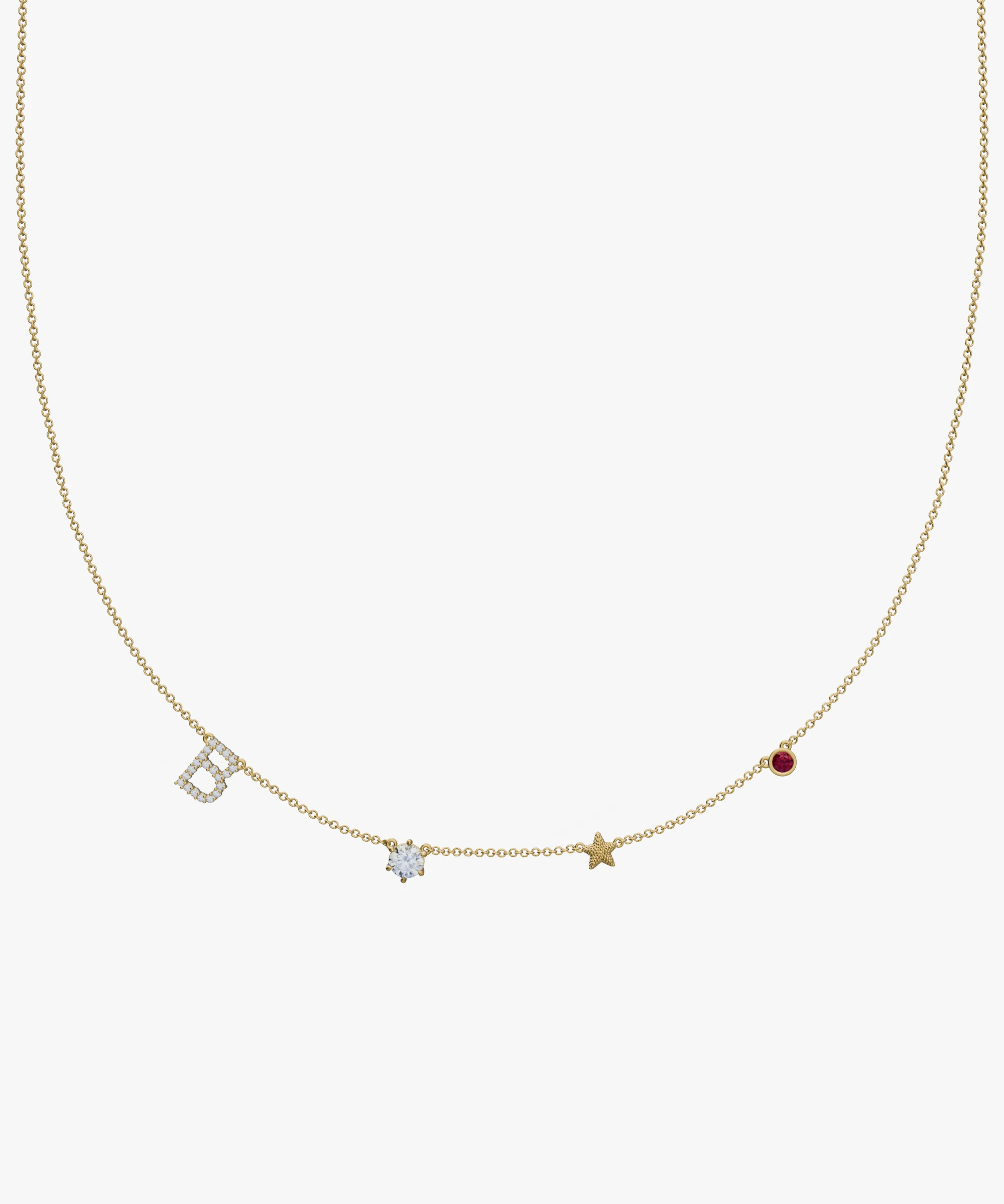 Solid gold personalised charm necklace with diamond letter B, birthstone and star pendant