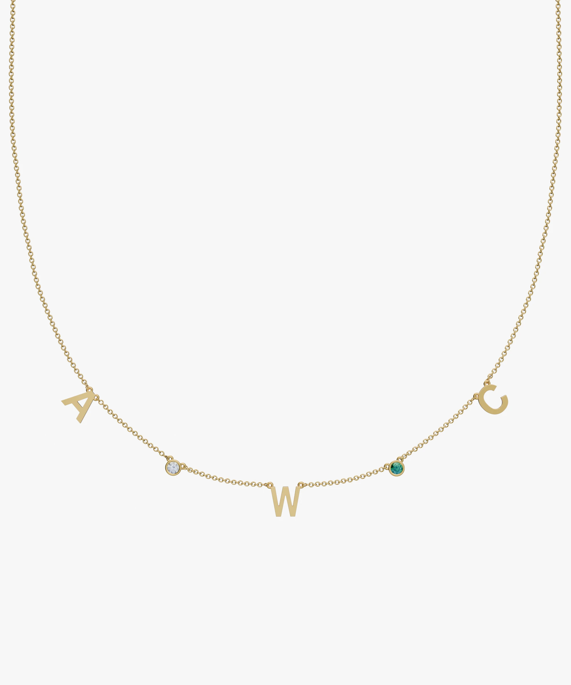 Solid gold personalized charm necklace with initials A, W, C and birthstone gemstones