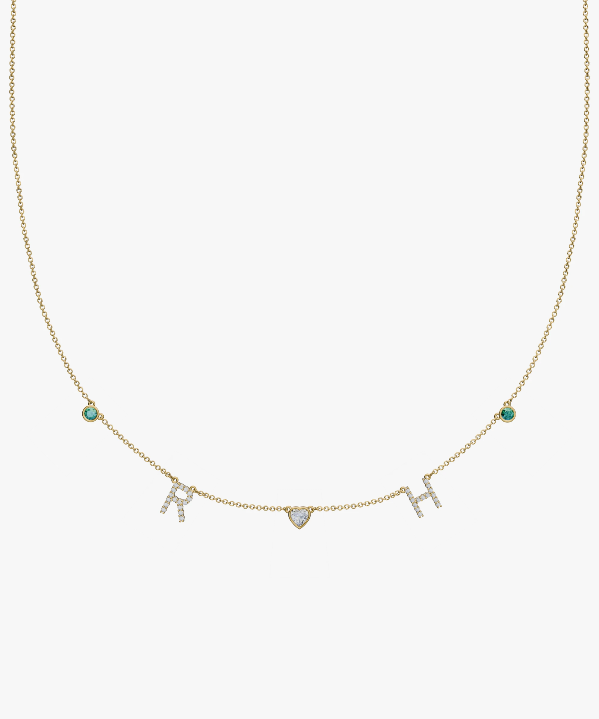 Yellow gold charm necklace with pave diamond initials RH, heart and teal birthstone charms