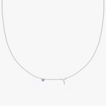 White gold personalised charm necklace with purple birthstone and letter T initial
