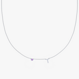 White gold personalised charm necklace with purple birthstone and letter T initial