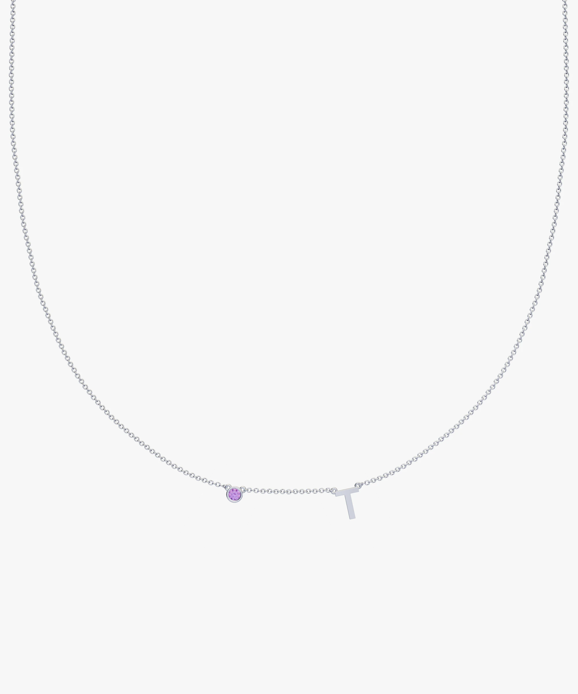 White gold personalised charm necklace with purple birthstone and letter T initial
