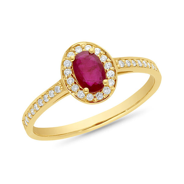 9ct Yellow Gold Ruby & Diamond Halo Ring