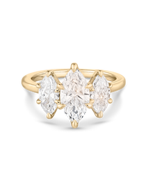 Front view of 18ct yellow gold marquise cut diamond trilogy engagement ring
