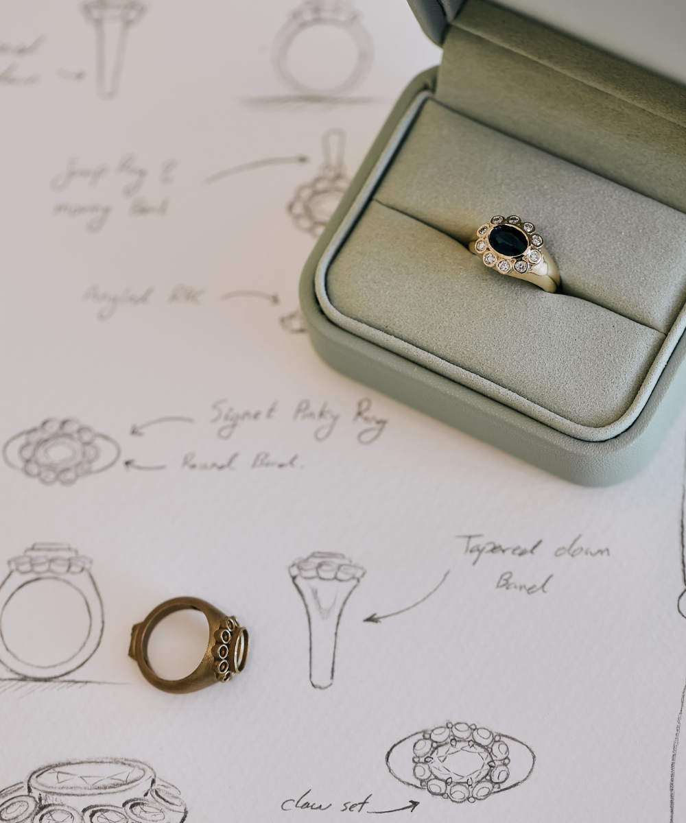 Citrine pinky ring in velvet box with design sketches