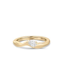 A yellow gold wavy band ring featuring a single pear-cut diamond center stone, shown on a clean white background.