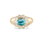 Yellow gold wide band ring featuring large oval aquamarine stone