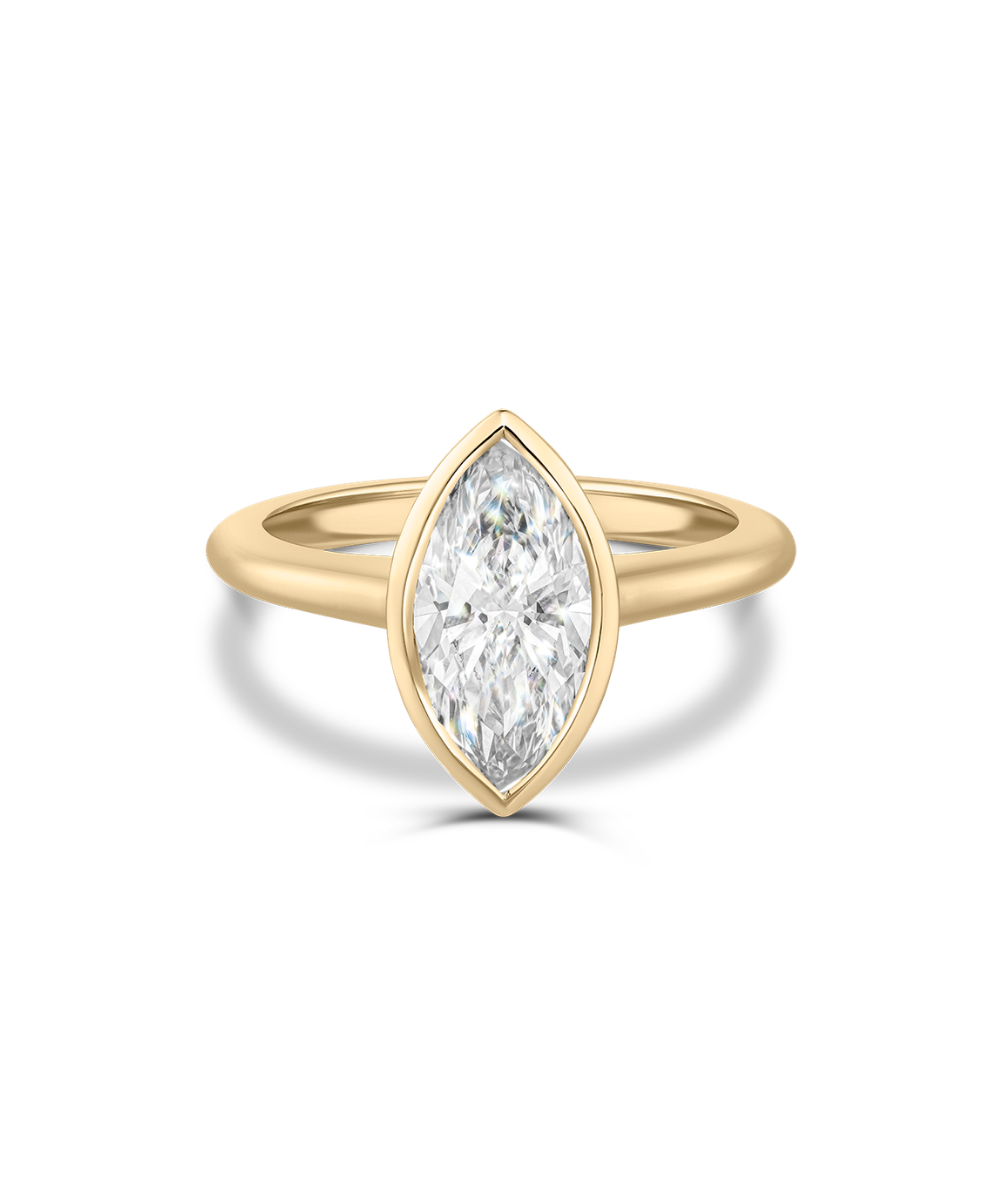 Front view of 2.02ct marquise diamond ring with smooth 18ct yellow gold bezel band