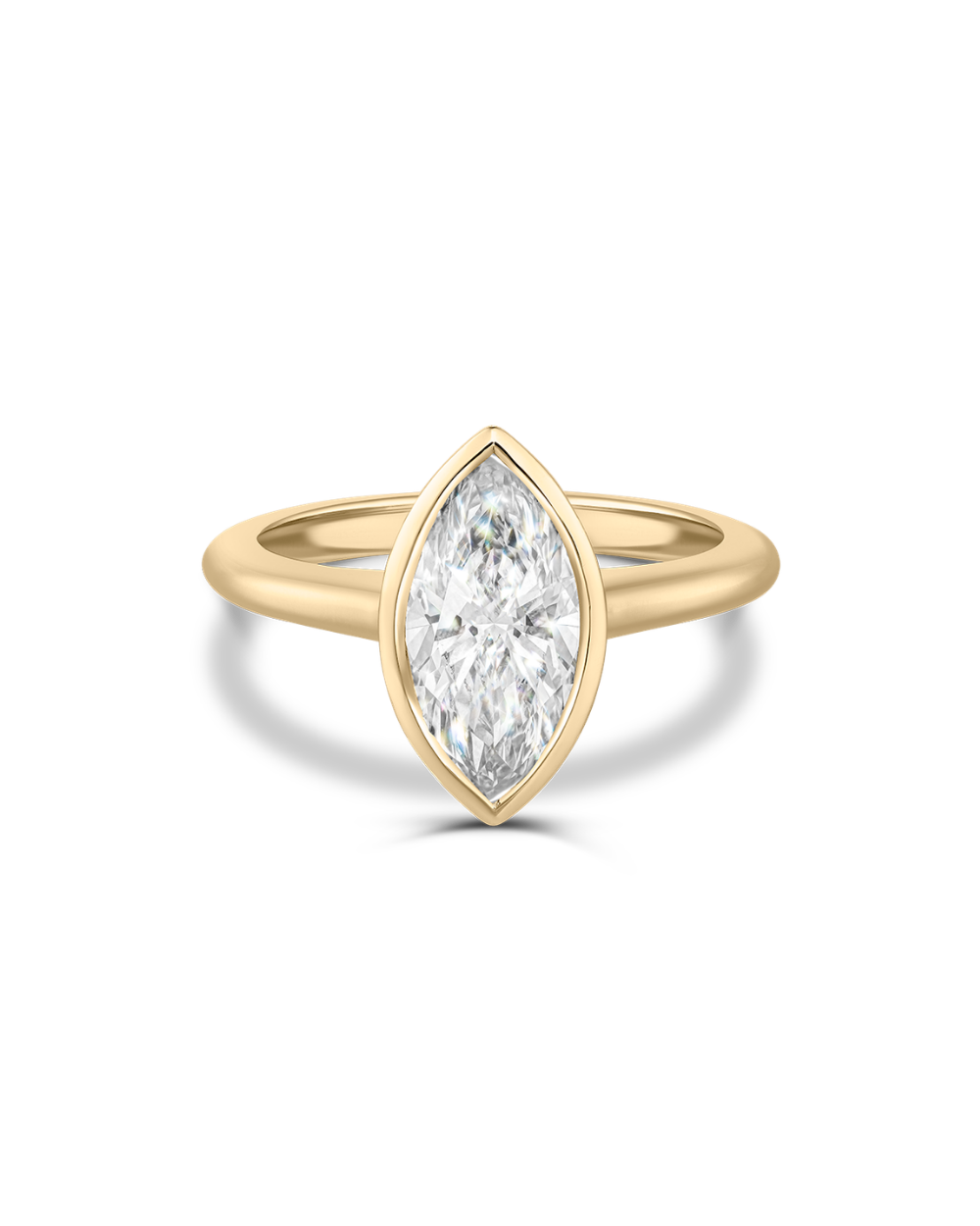 Front view of 2.02ct marquise diamond ring with smooth 18ct yellow gold bezel band