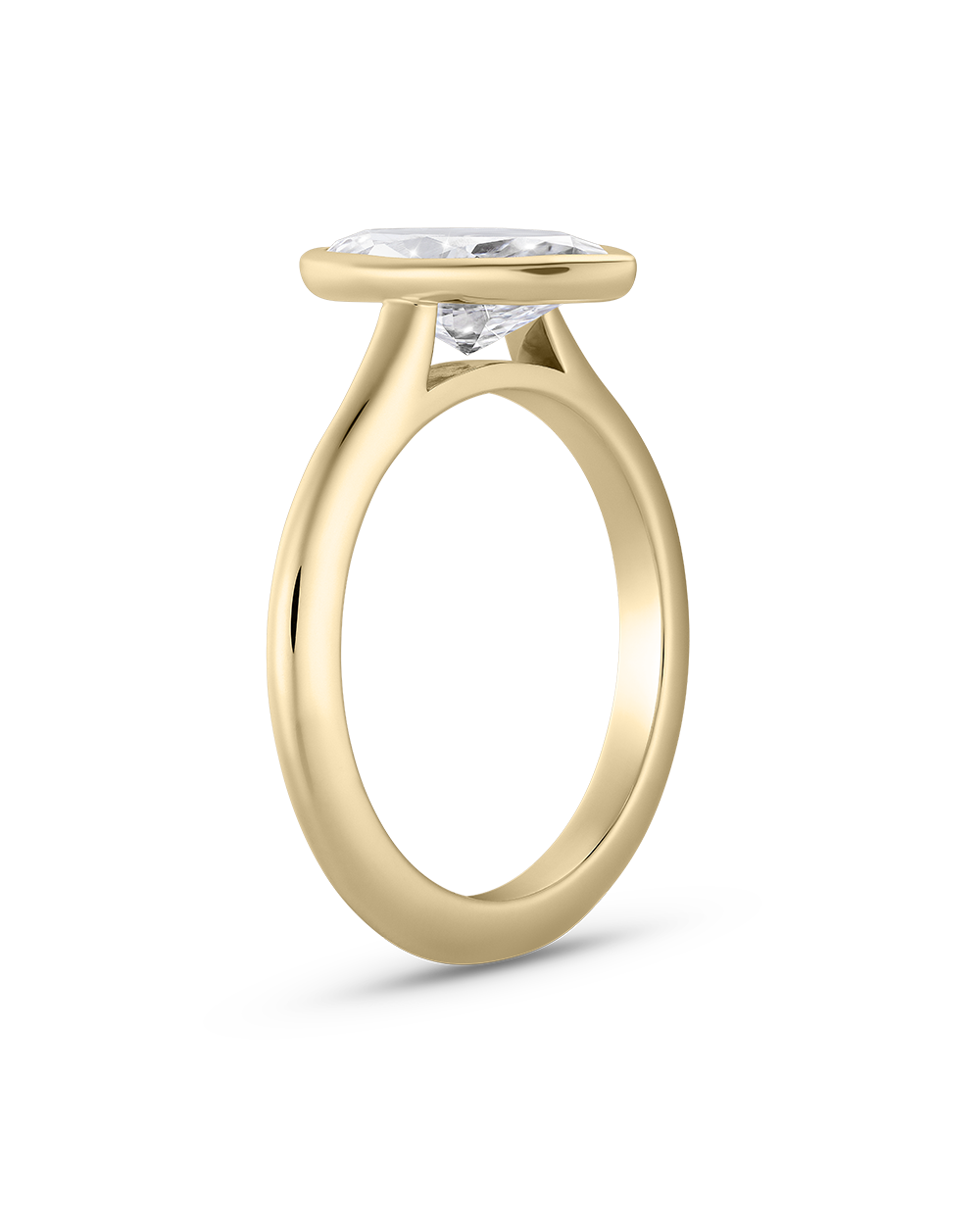Side profile of high-profile marquise diamond ring in tapered 18ct yellow gold shank