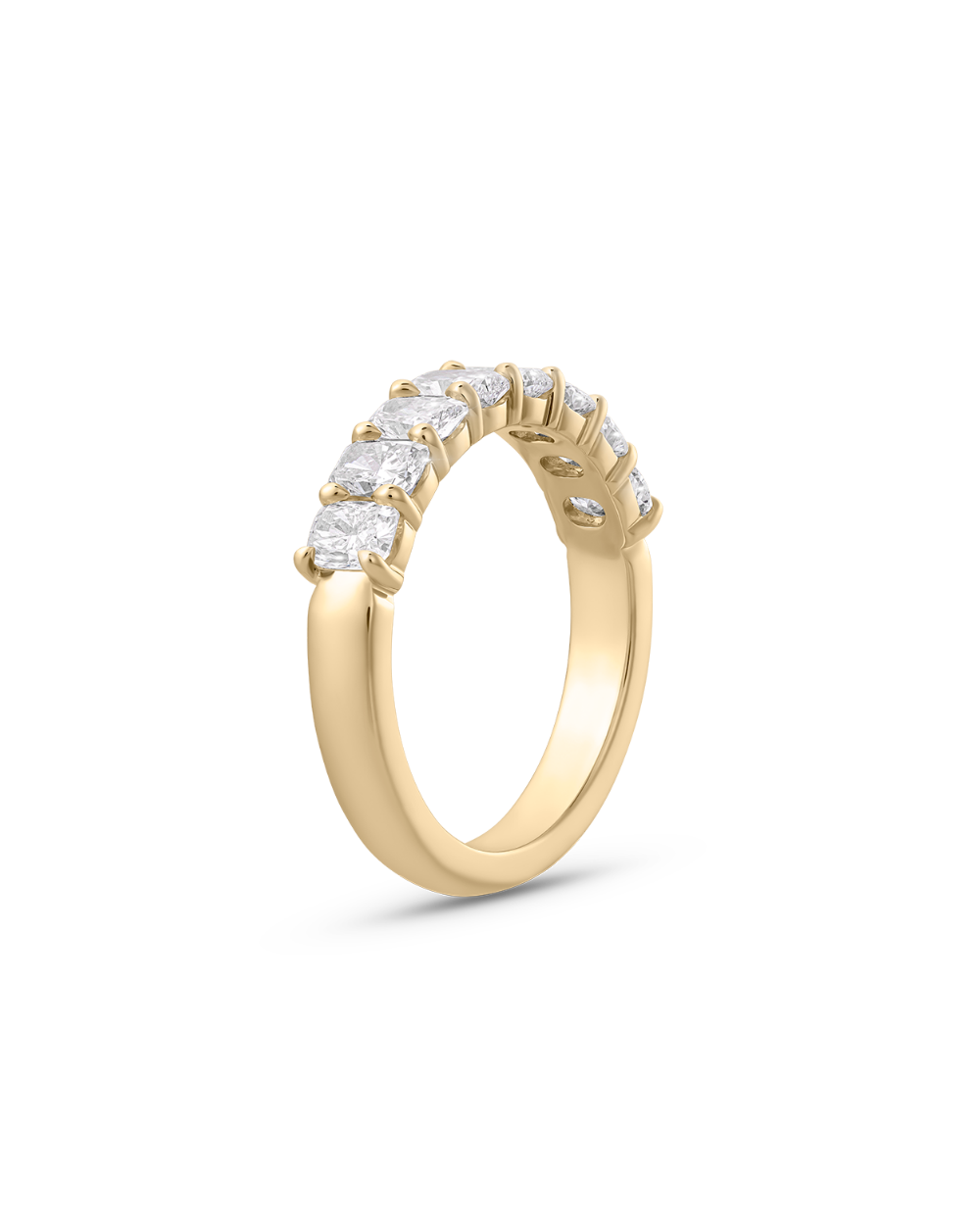 Side view of 18ct yellow gold cushion cut diamond band with channel setting