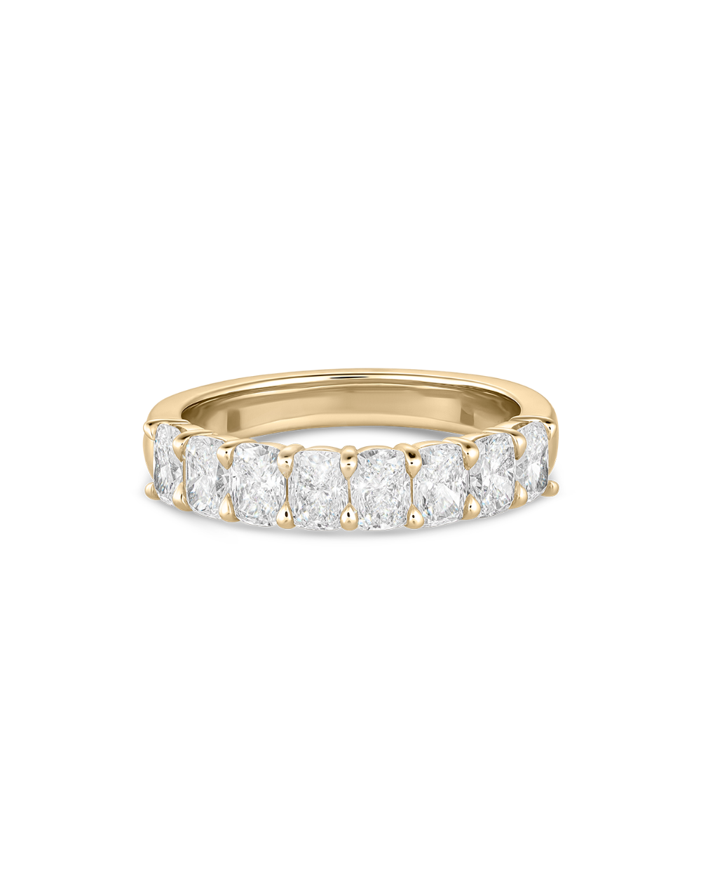 Front view of 18ct yellow gold diamond ring with eight cushion cut stones