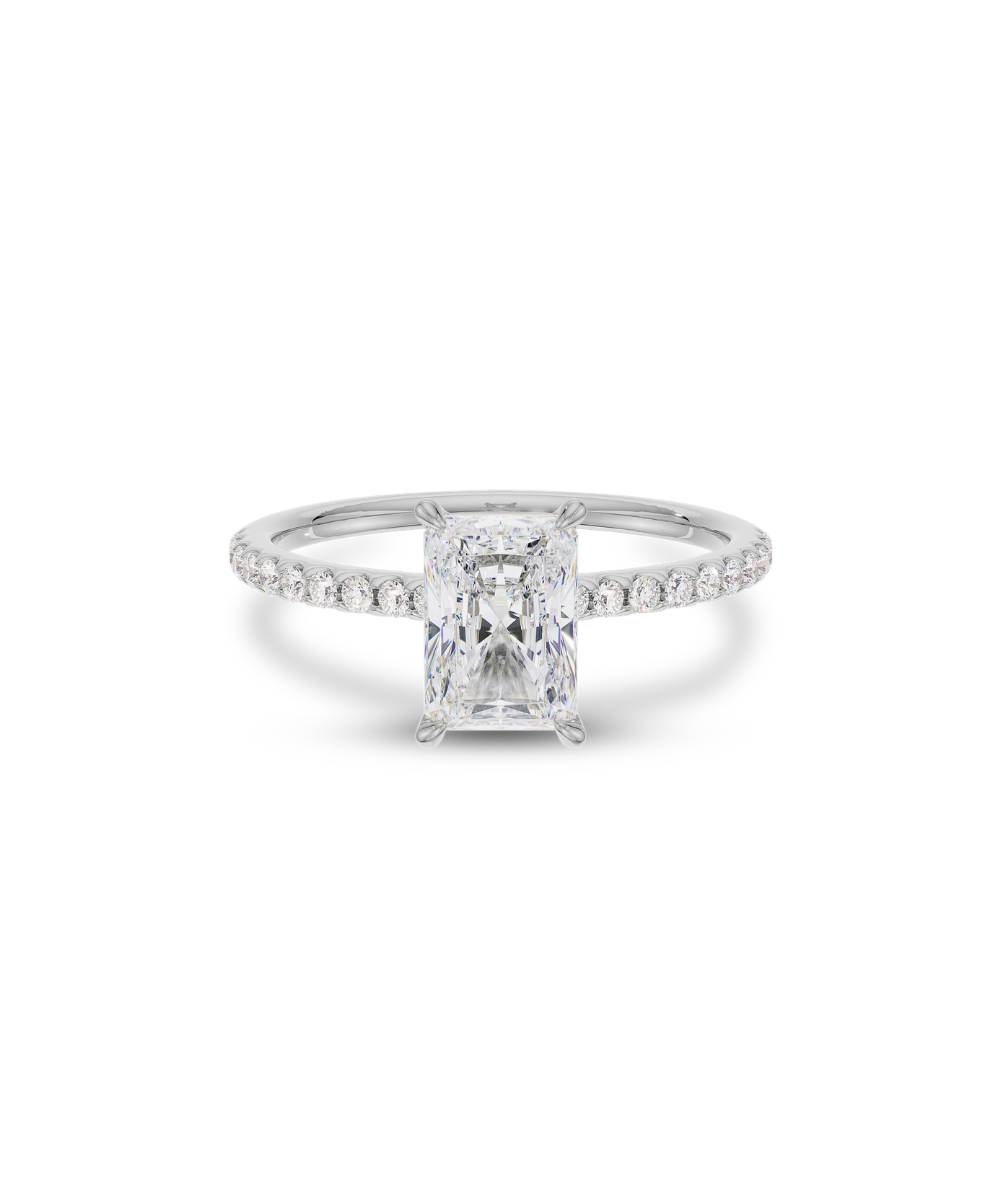 Carrie radiant cut lab grown diamond engagement ring in 18ct white gold with diamond band