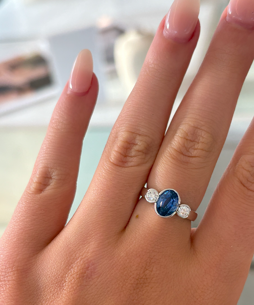 Ceylon Sapphire Oval & Diamond Trilogy Ring