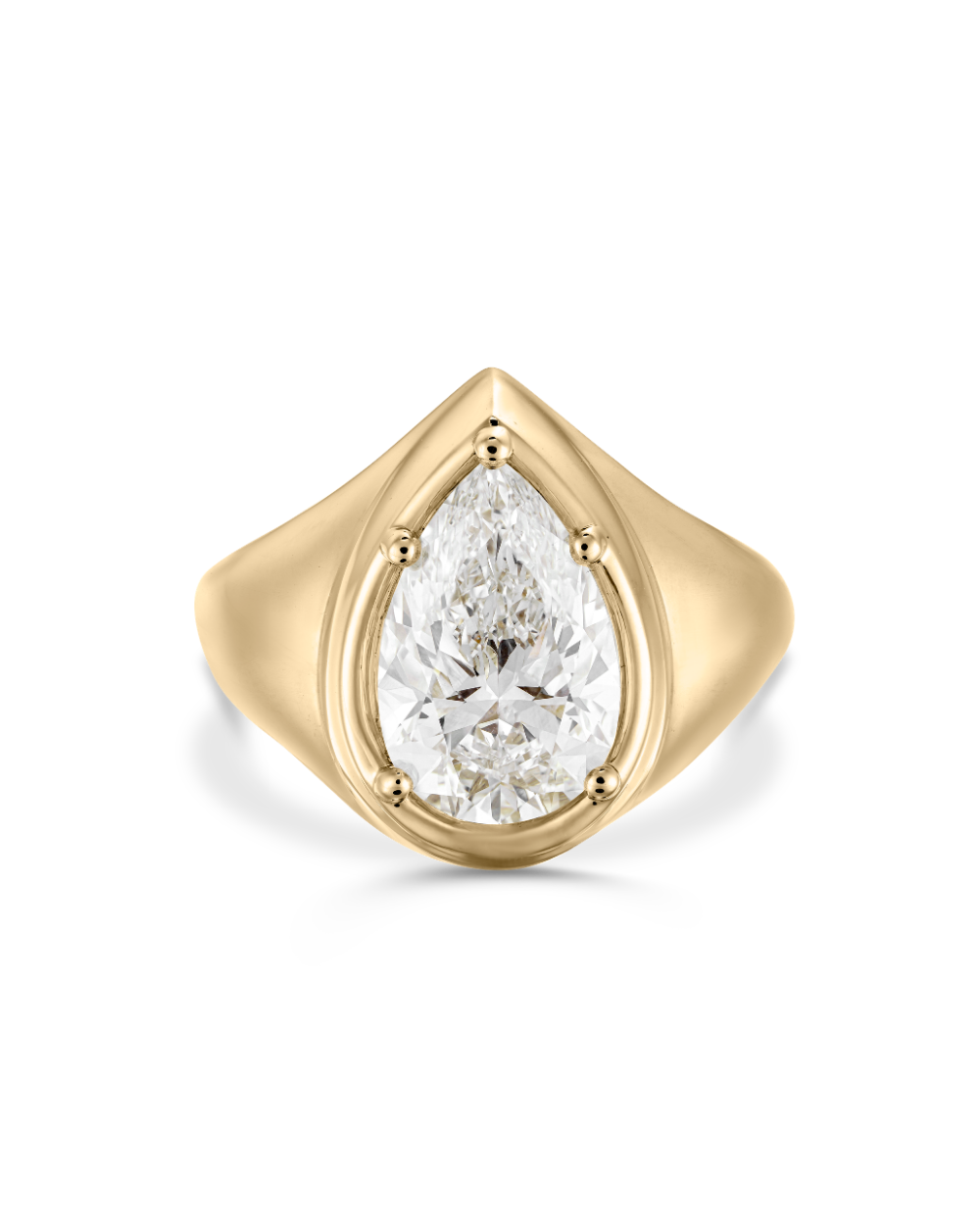Front view of Claudette pear diamond signet ring in hybrid bezel-claw setting