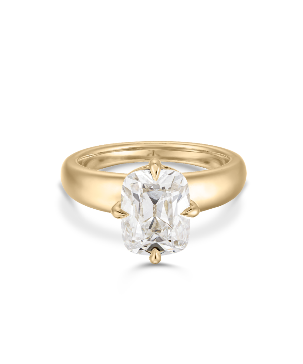Darcy Old Mine Cushion Diamond Engagement Ring in 18ct yellow gold with compass claw setting