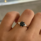 Dark Green Round Sapphire & Pear Diamond Ring