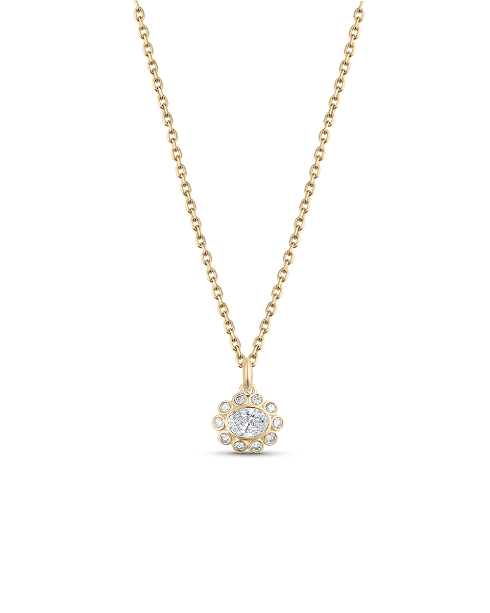 Gold necklace with a diamond pendant on a clear background