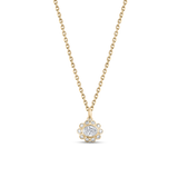 Gold necklace with a diamond pendant on a clear background