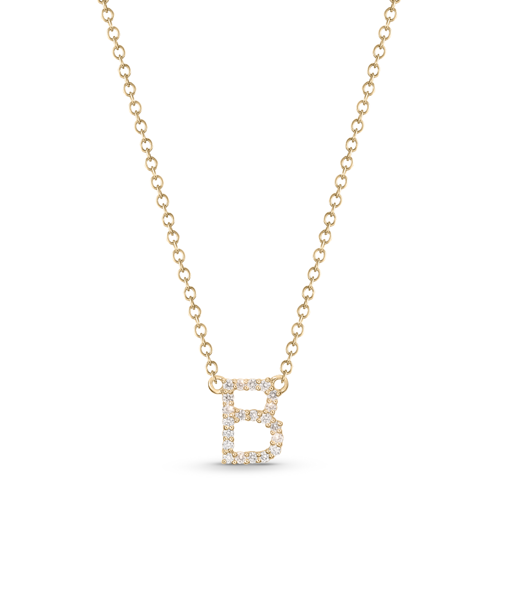 Yellow gold diamond initial 'B' pendant necklace on linked chain