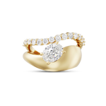 18ct yellow gold oval diamond ring with sculptural band and channel-set accent stones