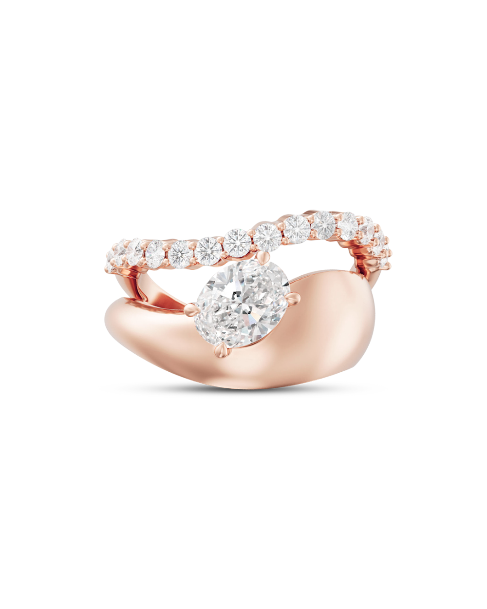 Diba rose gold oval diamond ring with sculptural curved band and round diamond accents