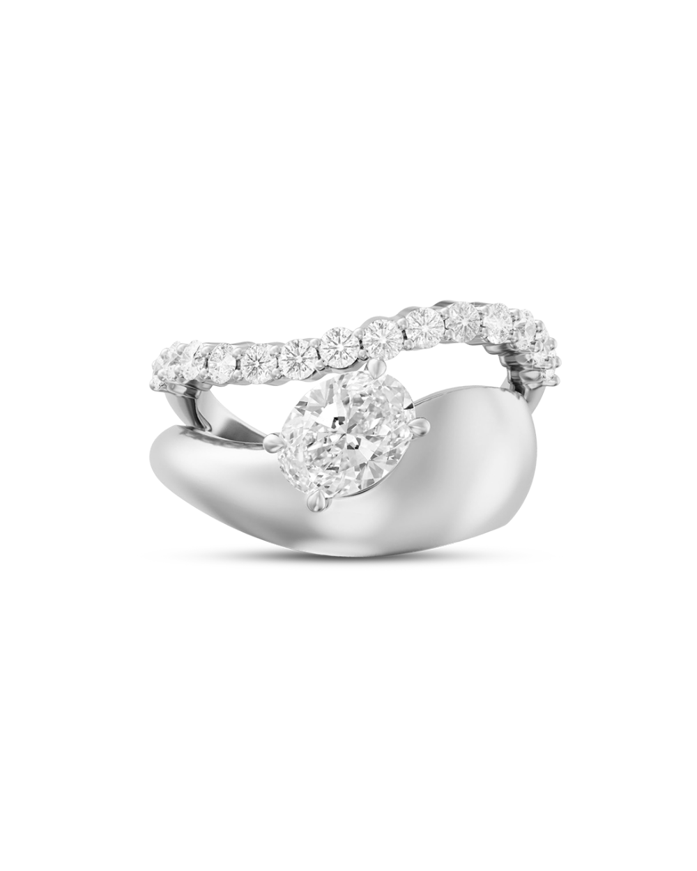 Diba white gold or platinum oval diamond ring with sculptural curved band and round diamond halo