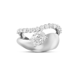 Diba white gold or platinum oval diamond ring with sculptural curved band and round diamond halo