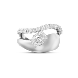 Diba white gold or platinum oval diamond ring with sculptural curved band and round diamond halo