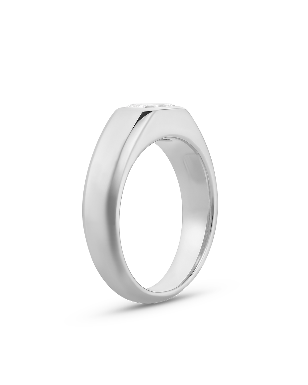 Side profile of thick white gold band and low-profile setting