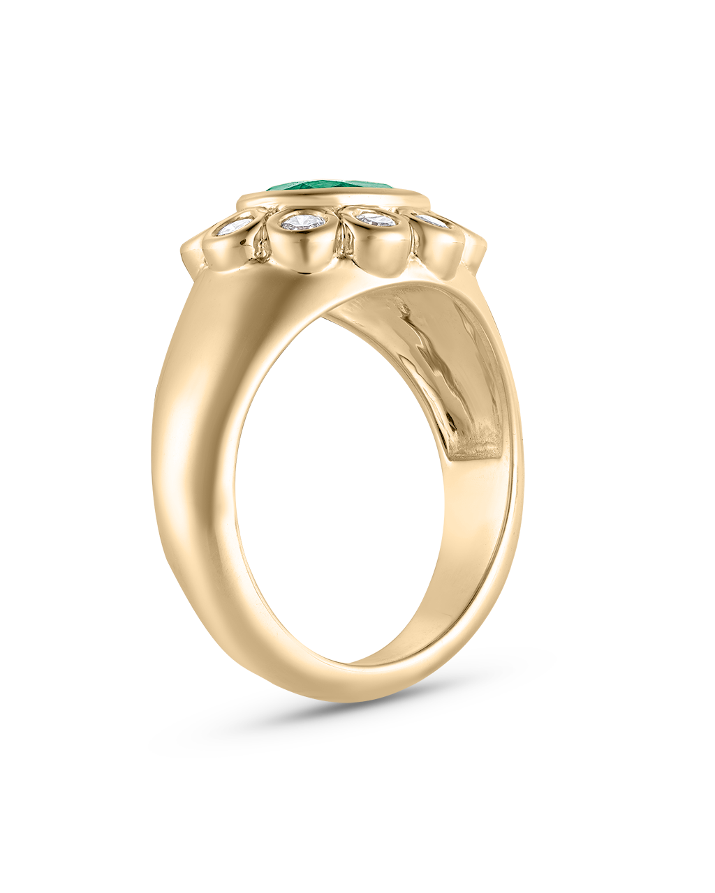 Side profile of chunky yellow gold pinky ring with scalloped diamond halo