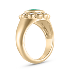 Side profile of chunky yellow gold pinky ring with scalloped diamond halo