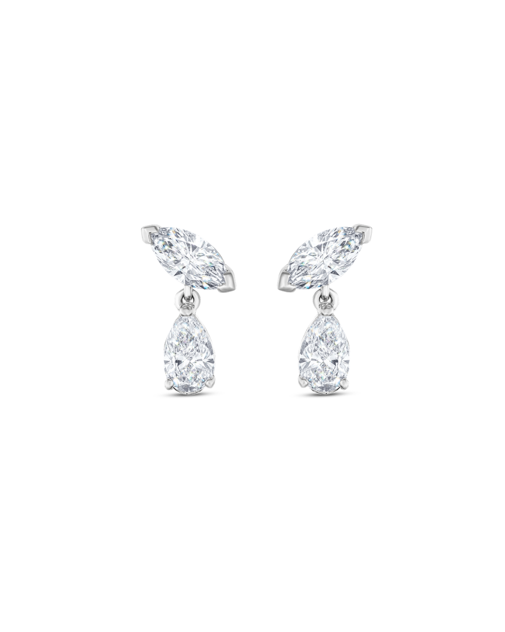 White gold lab grown diamond drop earrings featuring marquise and pear cuts