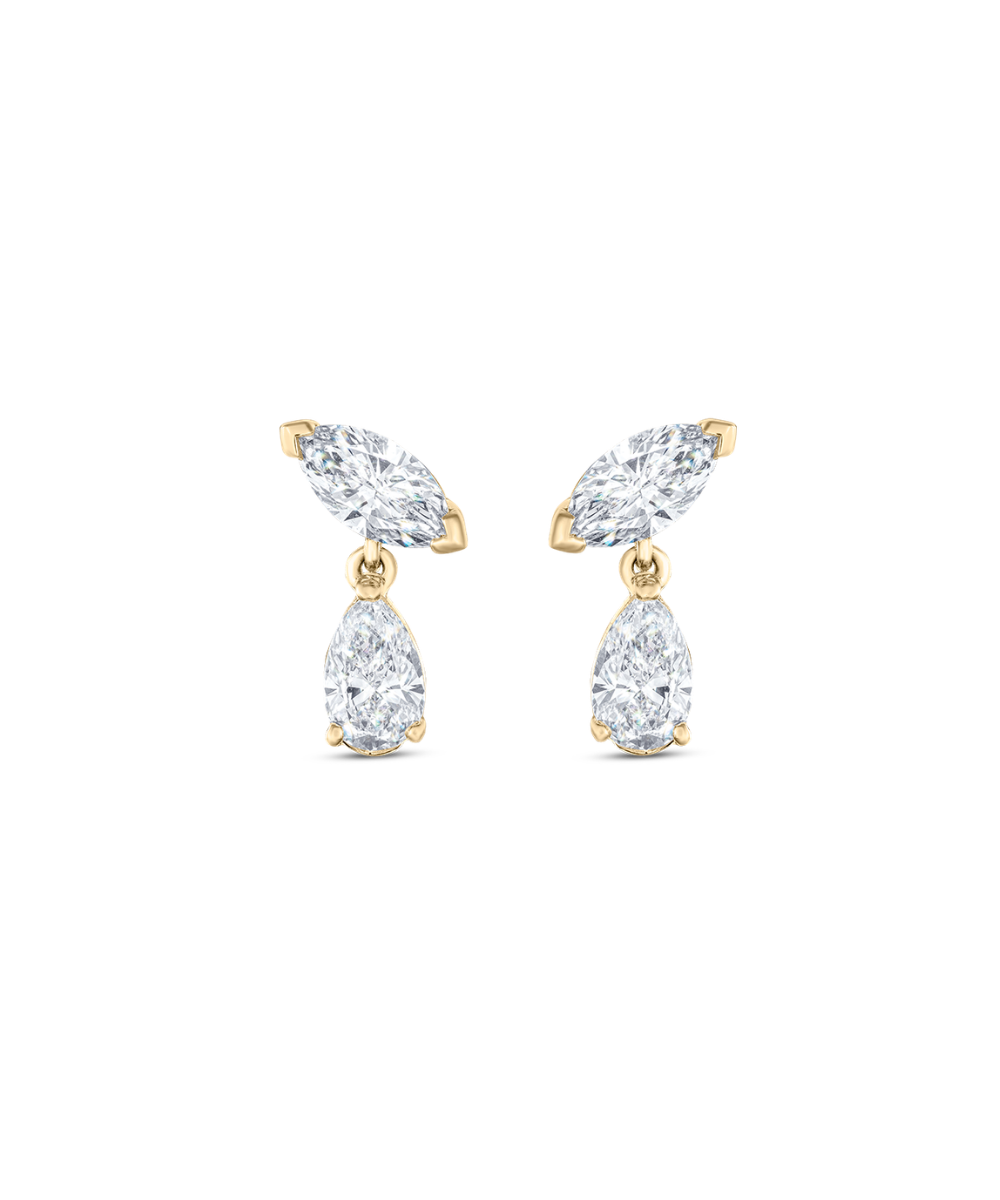 Yellow gold marquise and pear diamond drop earrings