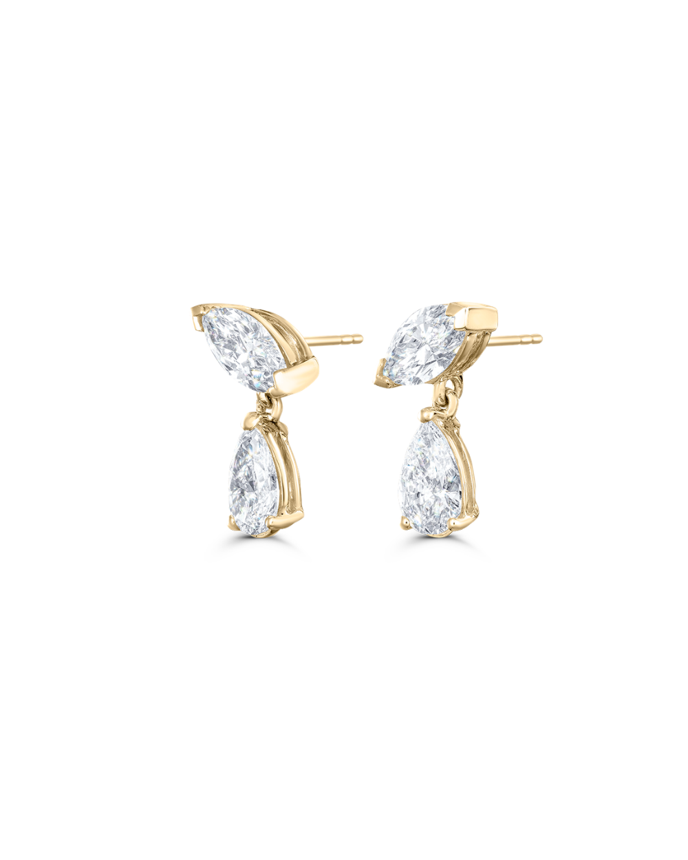 Yellow gold marquise and pear diamond drop earrings with visible posts